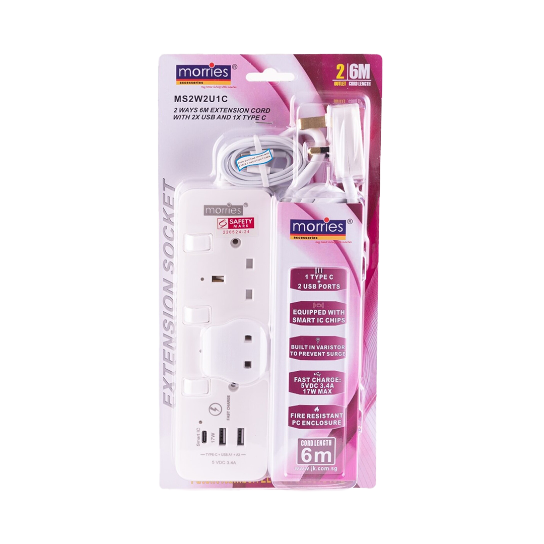 2/3/4/5 Way 6M Extension Cord (2USB + 1 TYPE C)
