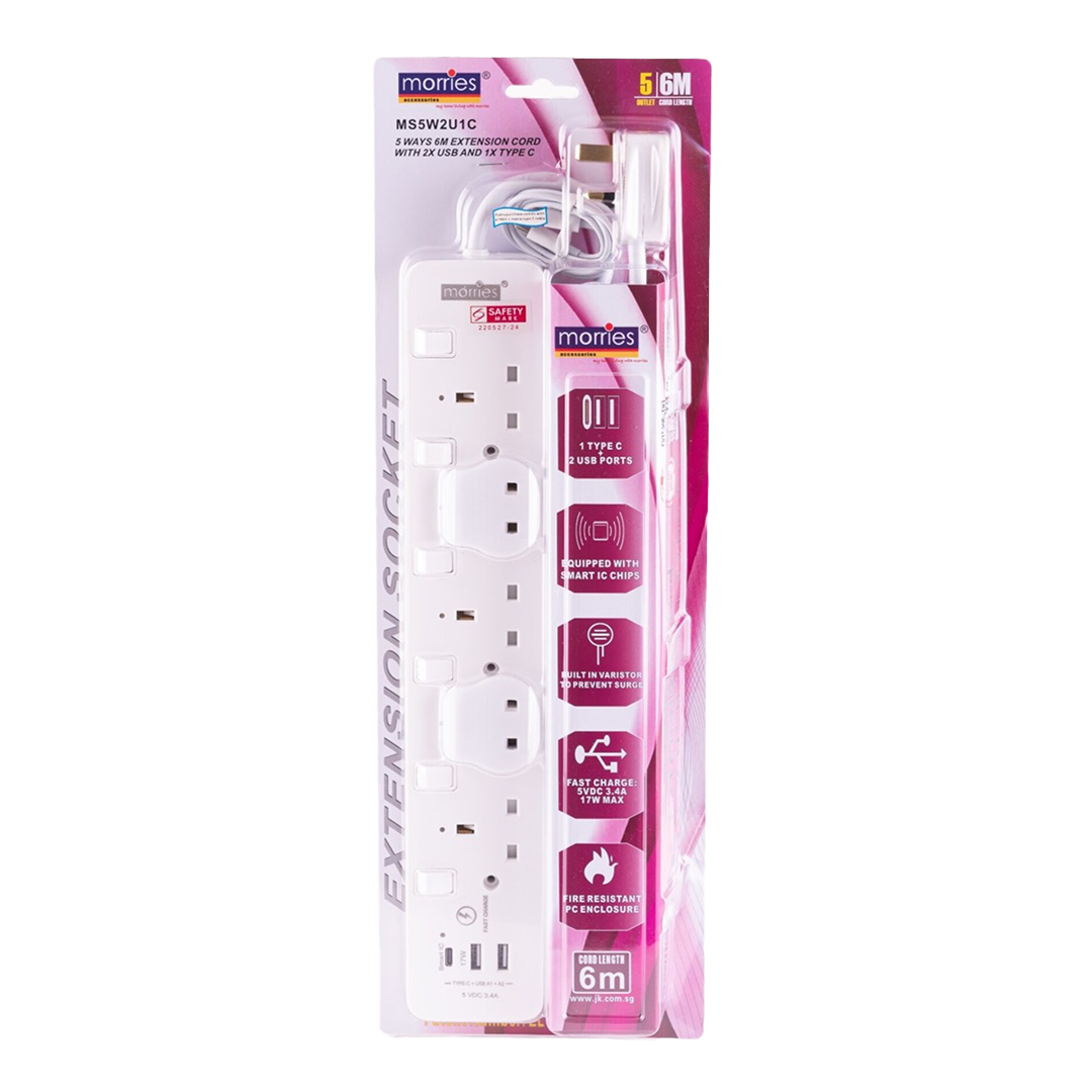 2/3/4/5 Way 6M Extension Cord (2USB + 1 TYPE C)